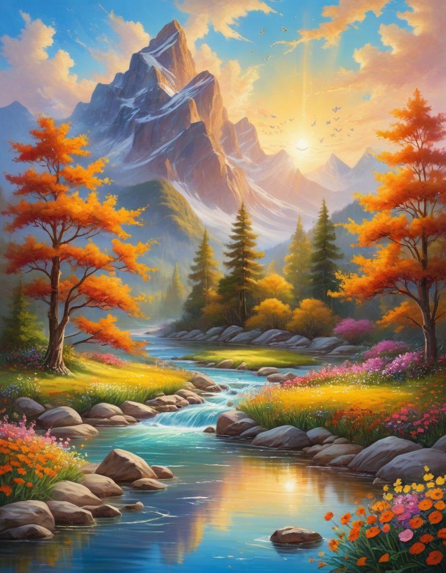 A serene landscape featuring a person meditating on a mountain peak, bathed in golden sunlight. Surround them with vibrant flowers and a flowing river, symbolizing peace and joy. Illustrate uplifting icons like butterflies, a sun, and hearts floating around, emphasizing happiness. The sky should be a bright blue, creating a sense of tranquility and hope. painting. vibrant colors. natural elements.