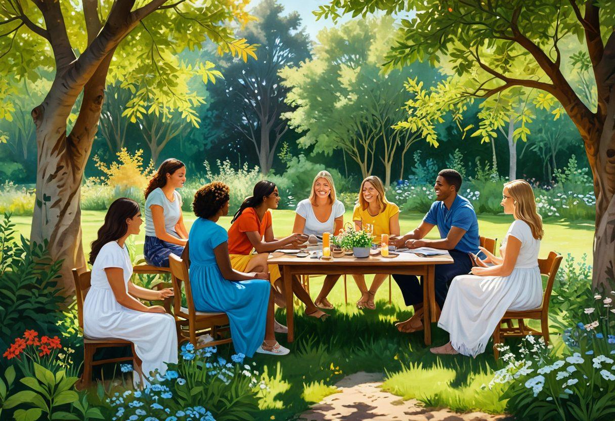 A serene landscape depicting a diverse group of people gathering outdoors, sharing experiences and supporting each other, surrounded by nature's beauty. Incorporate symbols of self-care such as plants, books, and wellness items, while showcasing joyful expressions on their faces. Soft rays of sunlight filtering through the trees add warmth to the scene, inviting the viewer to join in. vibrant colors. painting.